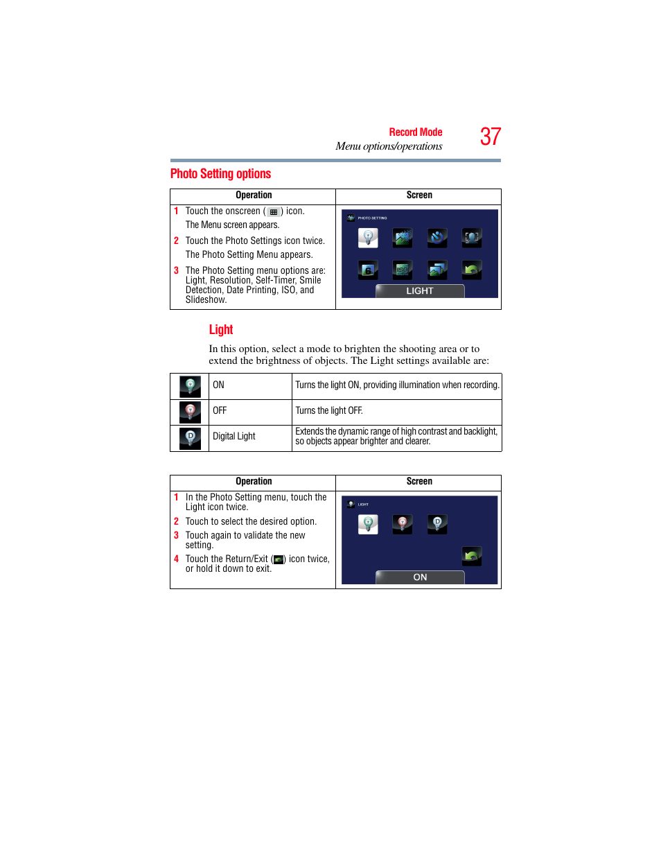 Photo setting options | Toshiba Camileo X200 User Manual | Page 37 / 149