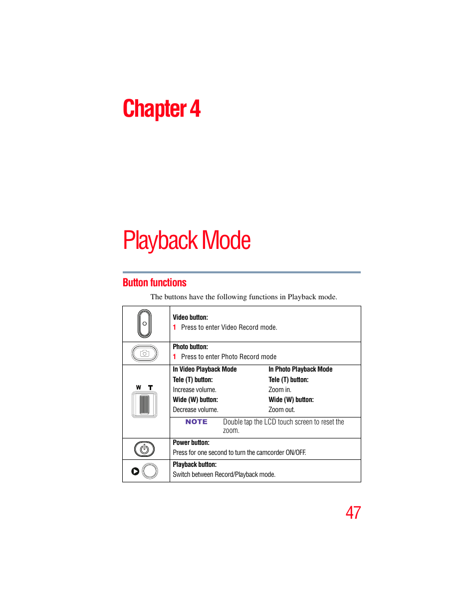 Chapter 4: playback mode, Button functions, Playback mode | Chapter 4 | Toshiba Camileo X200 User Manual | Page 47 / 149