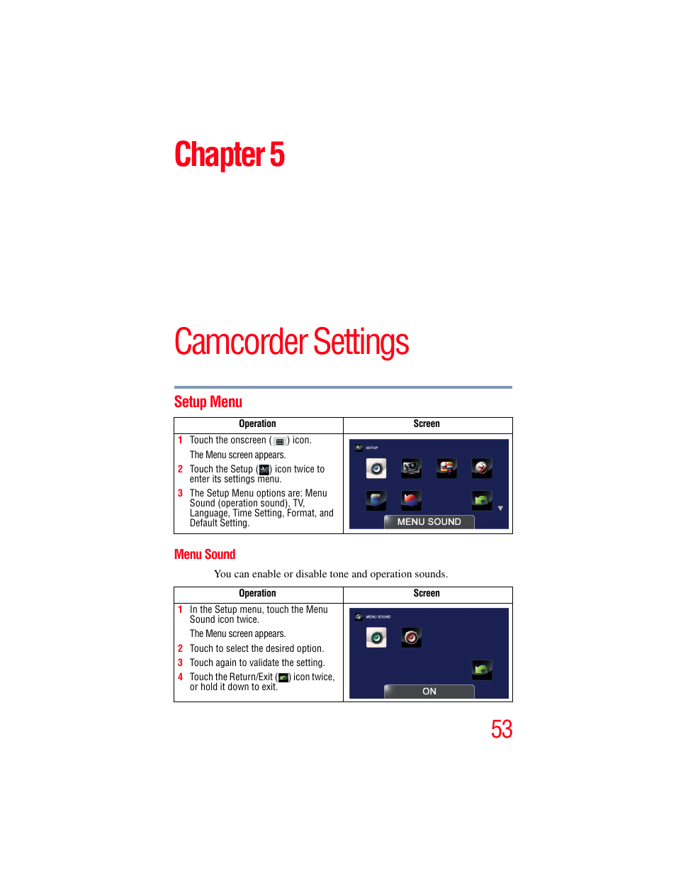 Chapter 5: camcorder settings, Setup menu, Menu sound | Camcorder settings, Chapter 5 | Toshiba Camileo X200 User Manual | Page 53 / 149