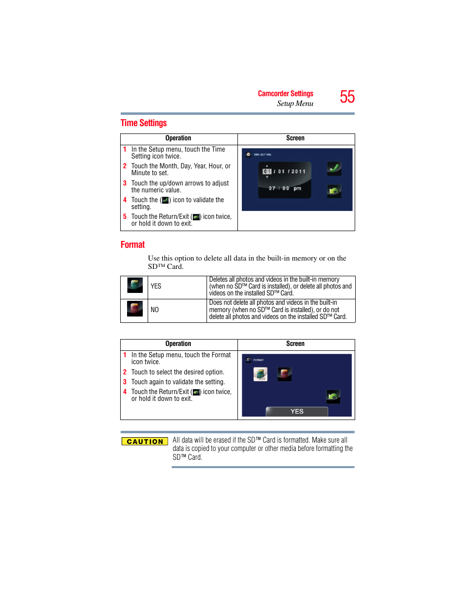 Time settings, Format, Time settings format | Toshiba Camileo X200 User Manual | Page 55 / 149