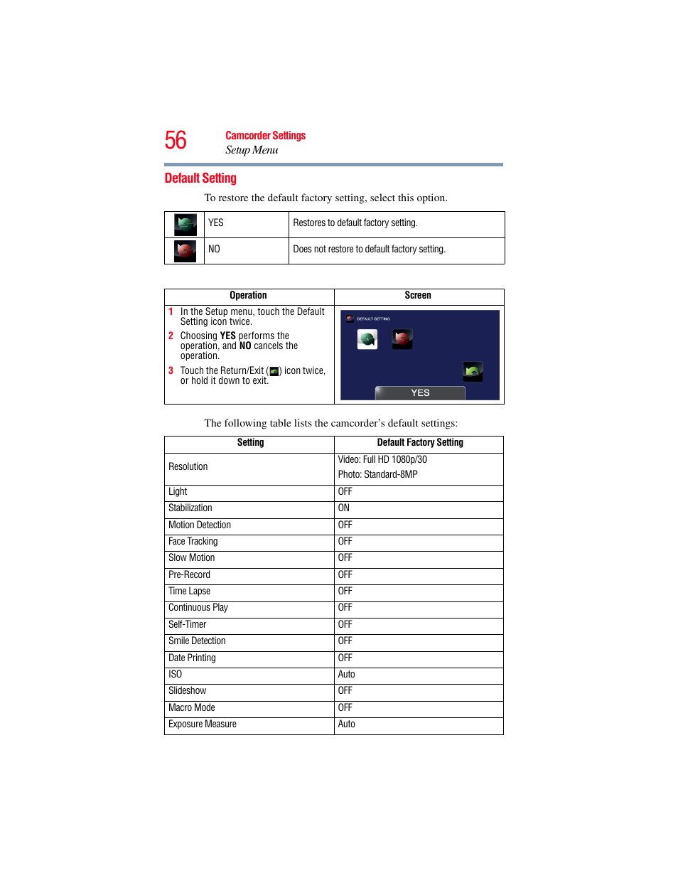 Default setting | Toshiba Camileo X200 User Manual | Page 56 / 149