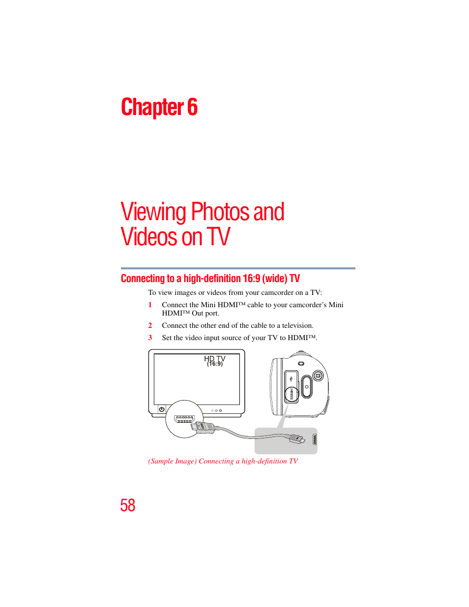 Chapter 6: viewing photos and videos on tv, Connecting to a high-definition 16:9 (wide) tv, Chapter 6: viewing photos and | Videos on tv, Connecting to a high-definition 16:9, Wide) tv, Viewing photos and videos on tv, Chapter 6 | Toshiba Camileo X200 User Manual | Page 58 / 149