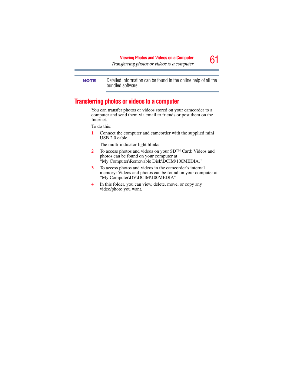 Transferring photos or videos to a computer | Toshiba Camileo X200 User Manual | Page 61 / 149