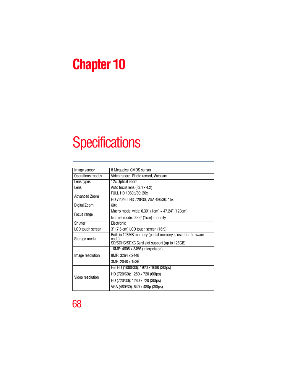 Chapter 10: specifications, Specifications, Chapter 10 | Toshiba Camileo X200 User Manual | Page 68 / 149