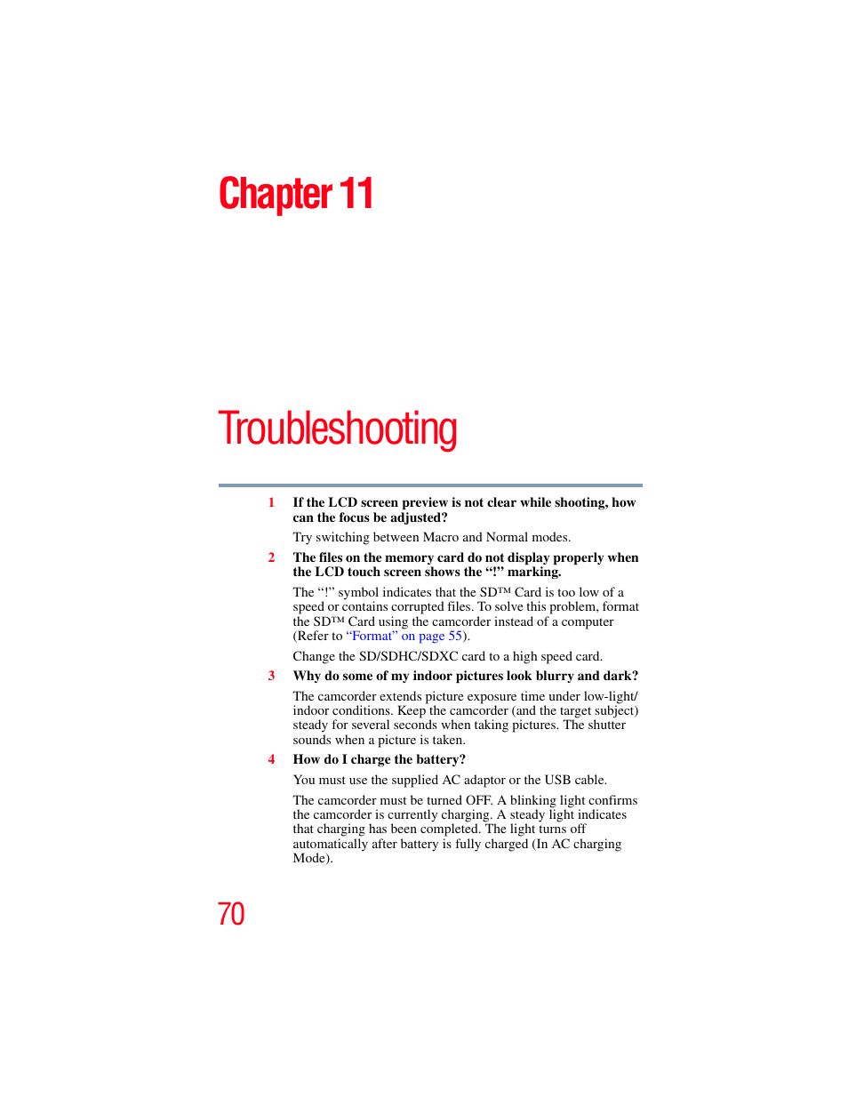 Chapter 11: troubleshooting, Troubleshooting, Chapter 11 | Toshiba Camileo X200 User Manual | Page 70 / 149