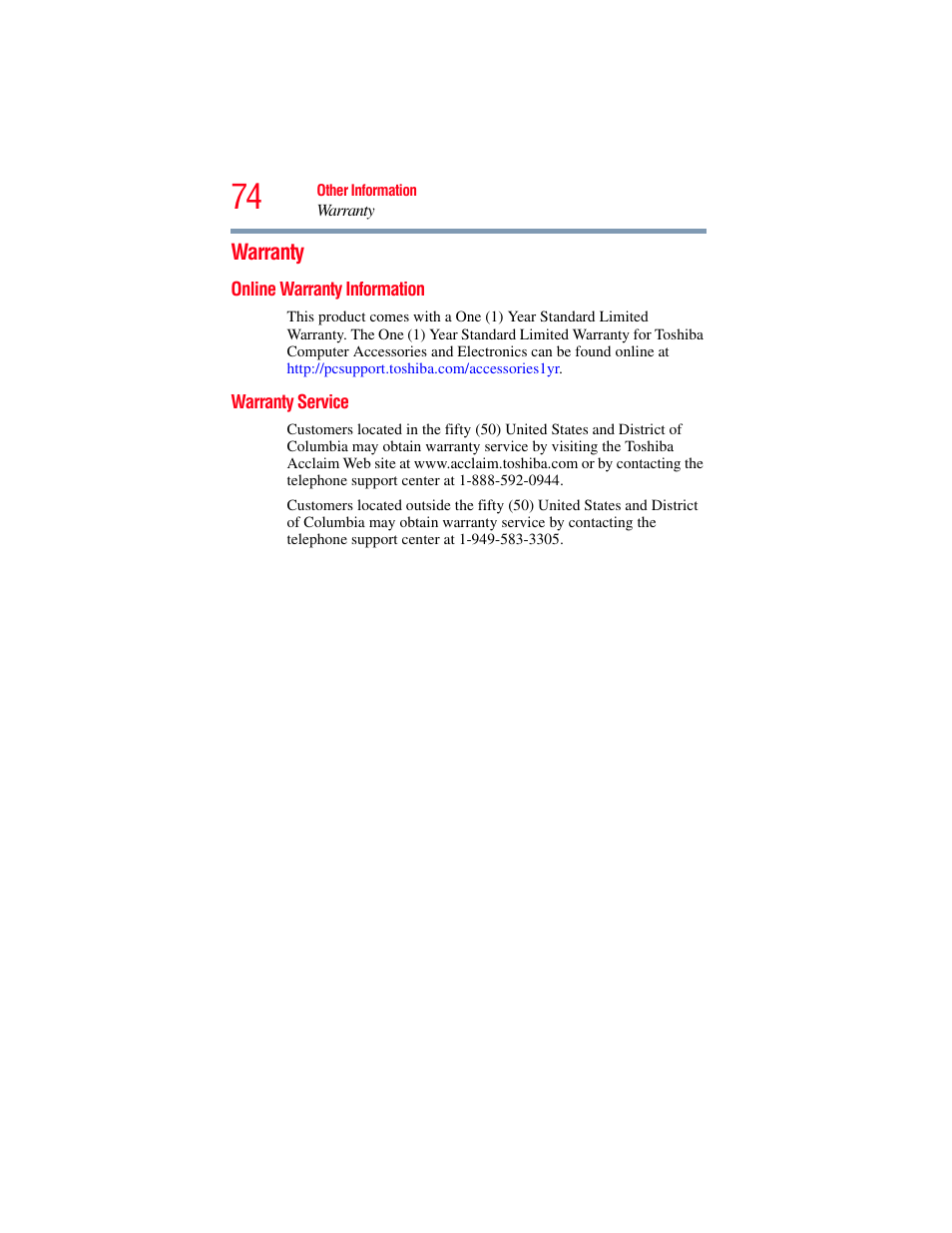Warranty, Online warranty information, Warranty service | Online warranty information warranty service | Toshiba Camileo X200 User Manual | Page 74 / 149