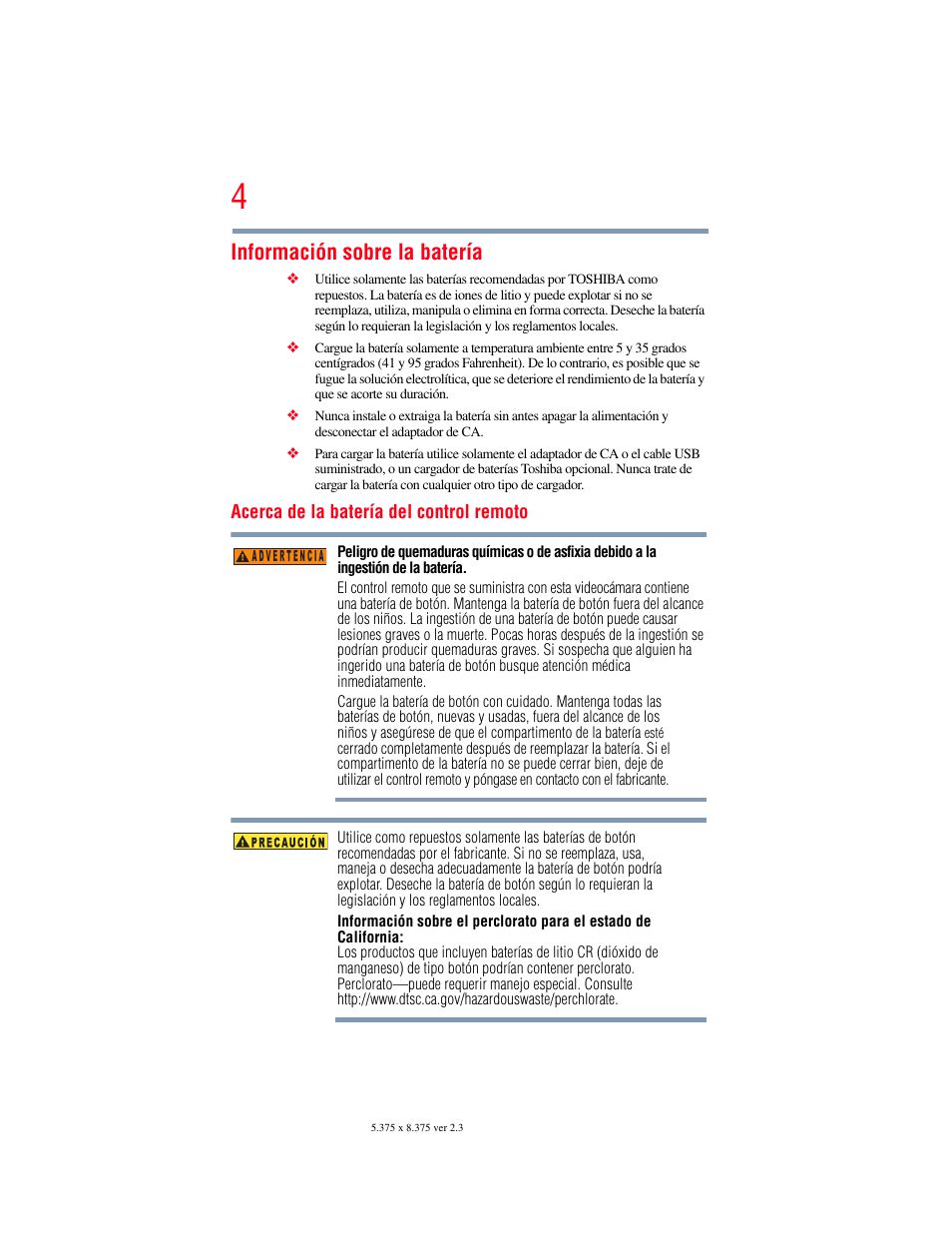 Información sobre la batería | Toshiba Camileo X200 User Manual | Page 78 / 149