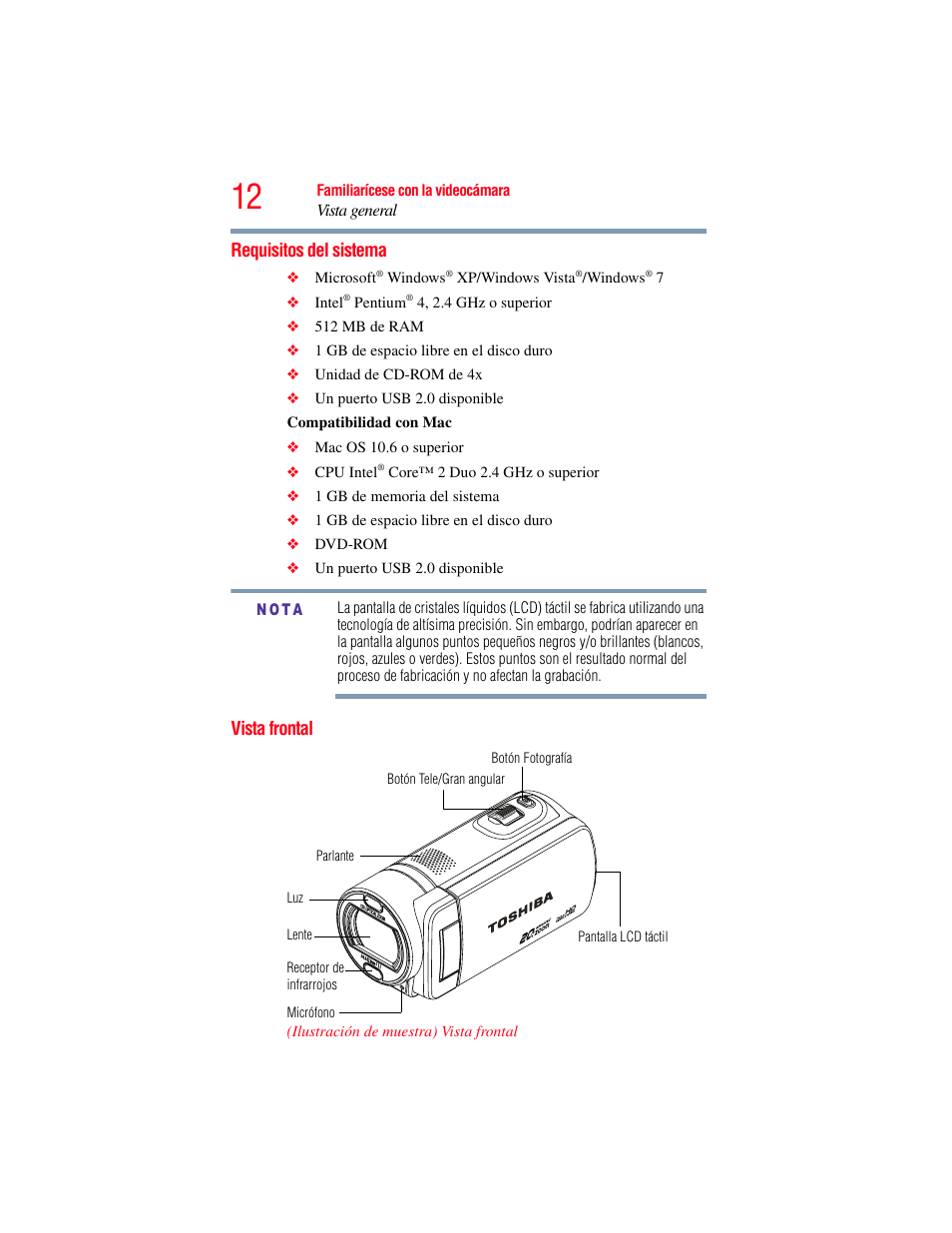 Requisitos del sistema, Vista frontal, Requisitos del sistema vista frontal | Toshiba Camileo X200 User Manual | Page 86 / 149