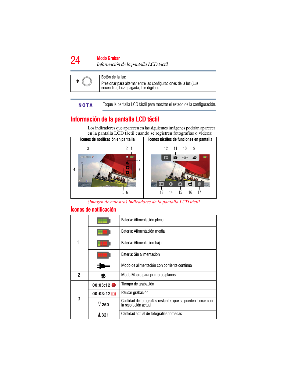 Información de la pantalla lcd táctil, Íconos de notificación | Toshiba Camileo X200 User Manual | Page 98 / 149