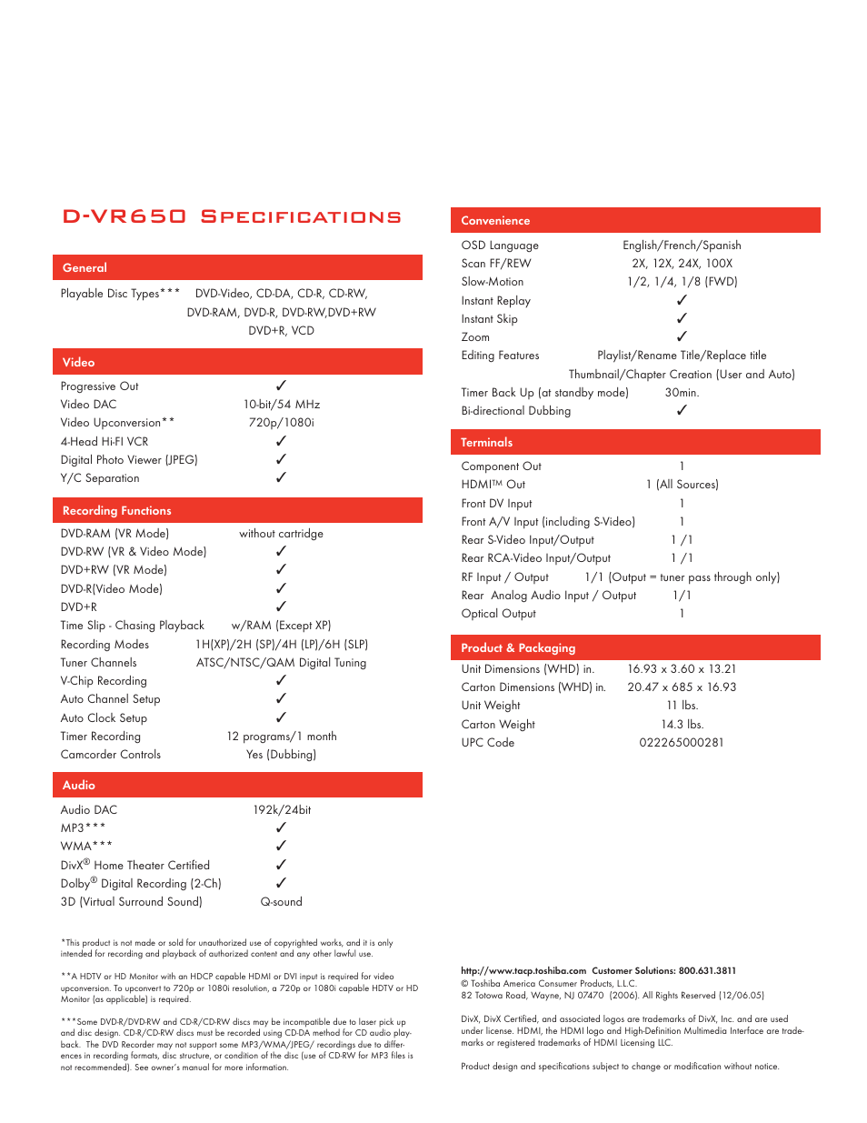 D-vr650 specifications | Toshiba D-VR650 User Manual | Page 2 / 2