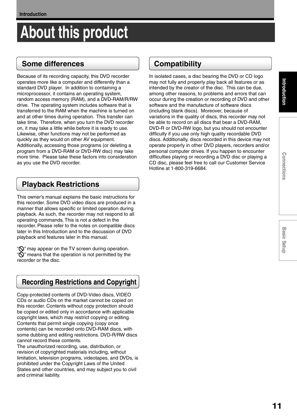 About this product, Some differences, Playback restrictions | Recording restrictions and copyright, Compatibility | Toshiba D-R4SC User Manual | Page 11 / 52