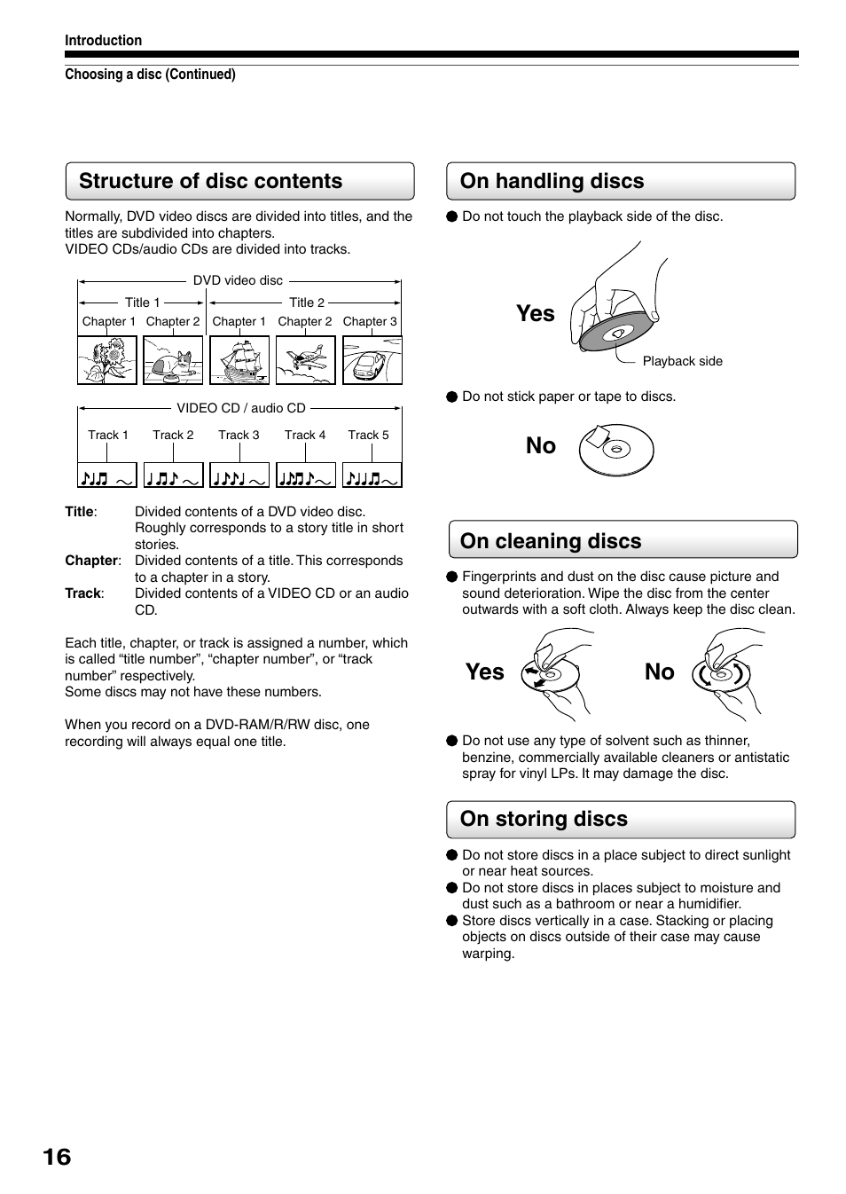 Yes no yes no, On handling discs, On cleaning discs | On storing discs, Structure of disc contents | Toshiba D-R4SC User Manual | Page 16 / 52