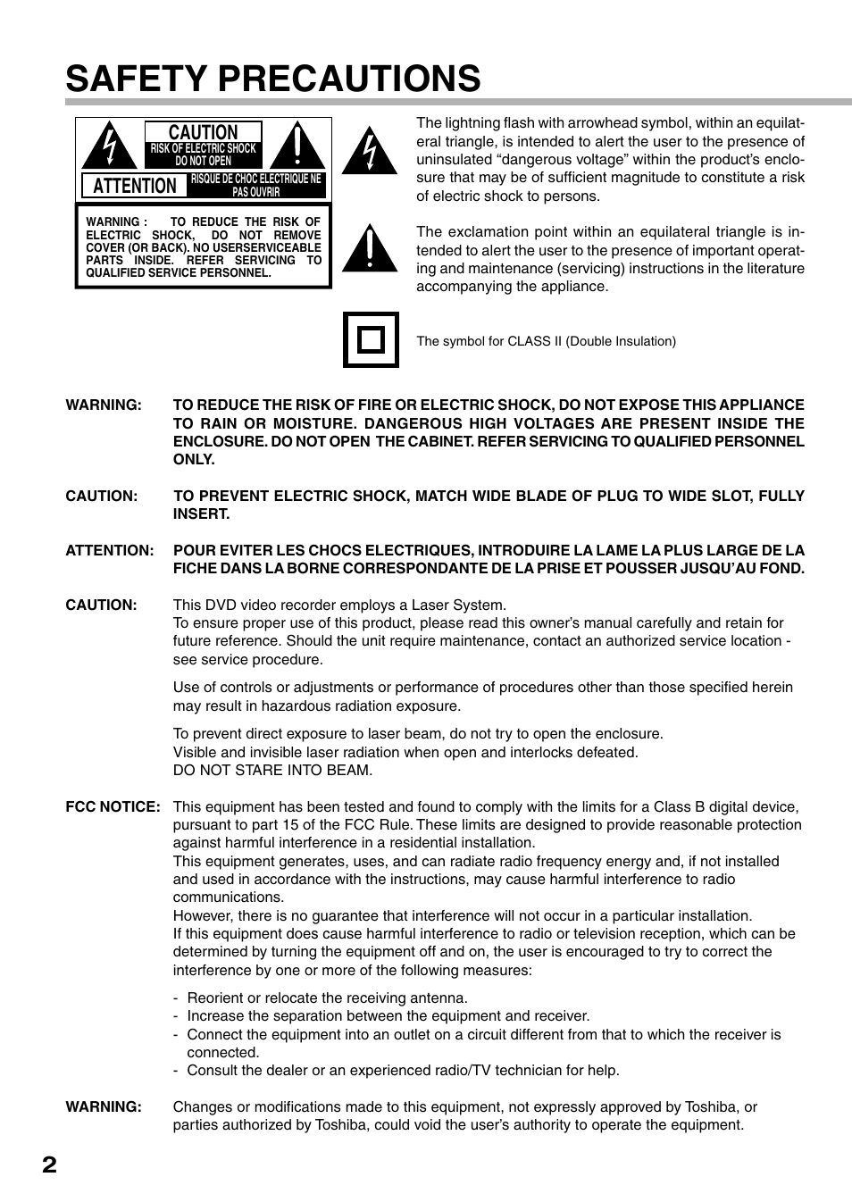 Safety precautions, Attention, Caution | Toshiba D-R4SC User Manual | Page 2 / 52