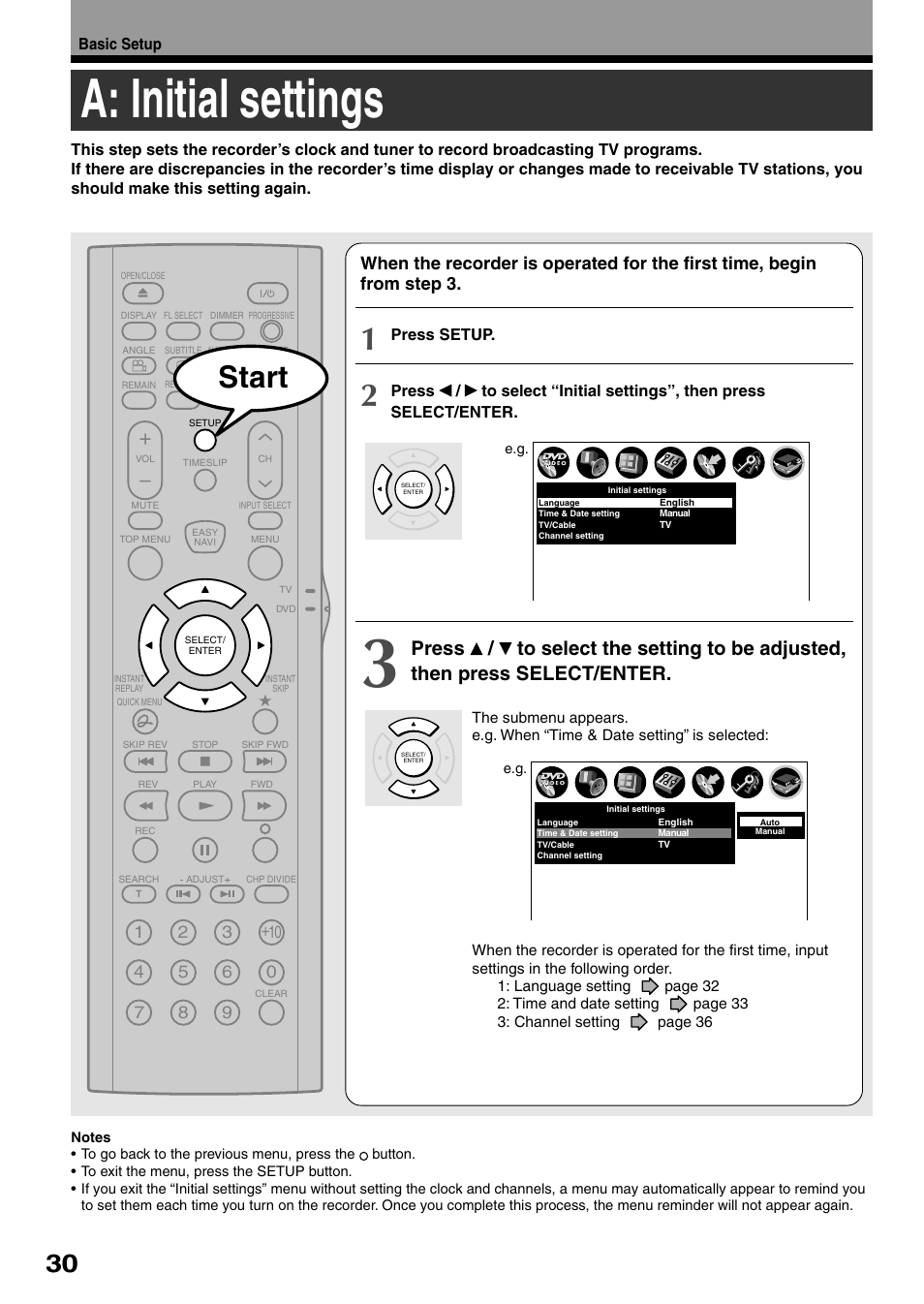 A: initial settings, Start | Toshiba D-R4SC User Manual | Page 30 / 52