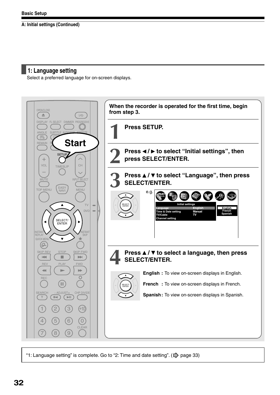 Start, Language setting, Press setup | Toshiba D-R4SC User Manual | Page 32 / 52