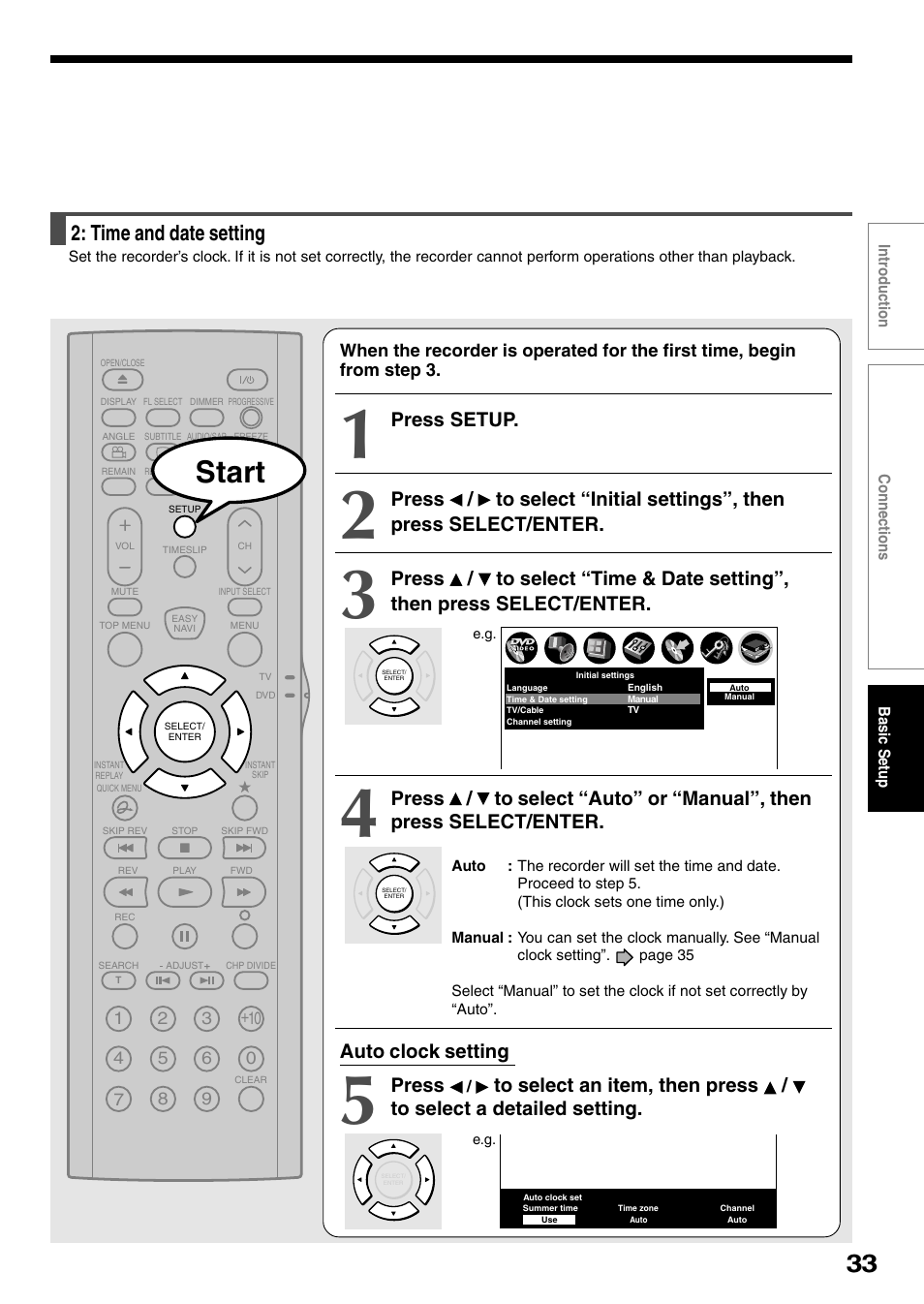 Start, Time and date setting, Press setup | Auto clock setting, Press | Toshiba D-R4SC User Manual | Page 33 / 52