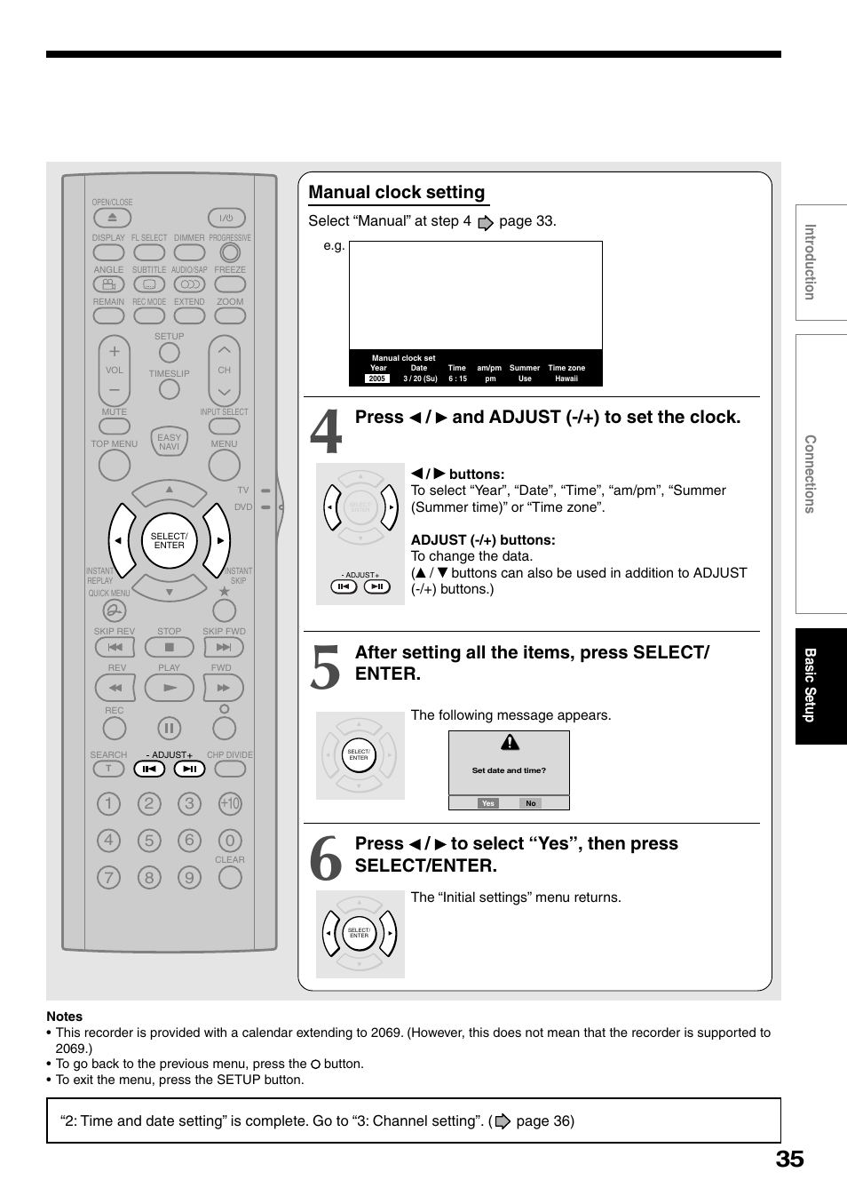 Manual clock setting, Press / and adjust (-/+) to set the clock, After setting all the items, press select/ enter | Press / to select “yes”, then press select/enter | Toshiba D-R4SC User Manual | Page 35 / 52