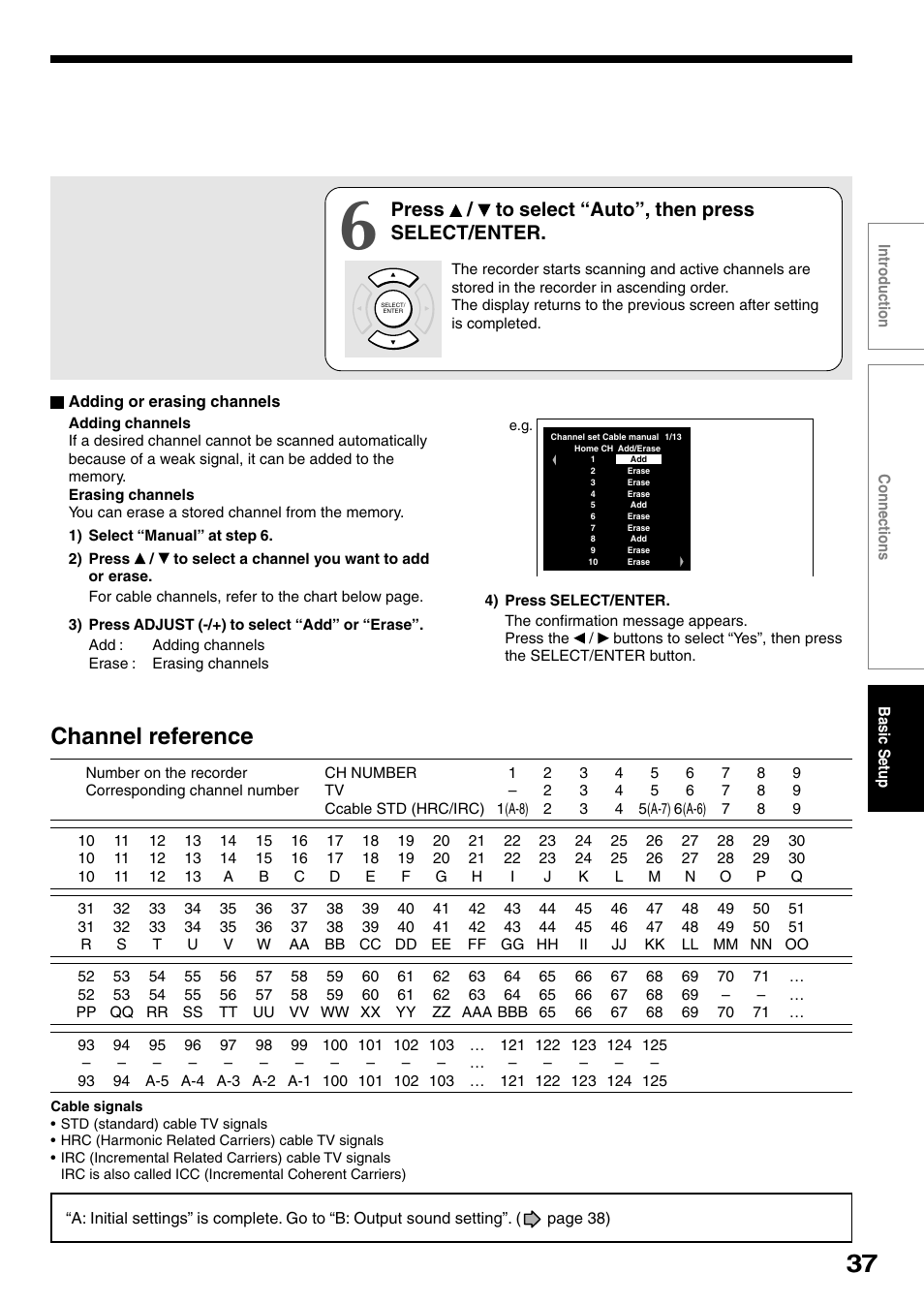 Channel reference, Press / to select “auto”, then press select/enter | Toshiba D-R4SC User Manual | Page 37 / 52