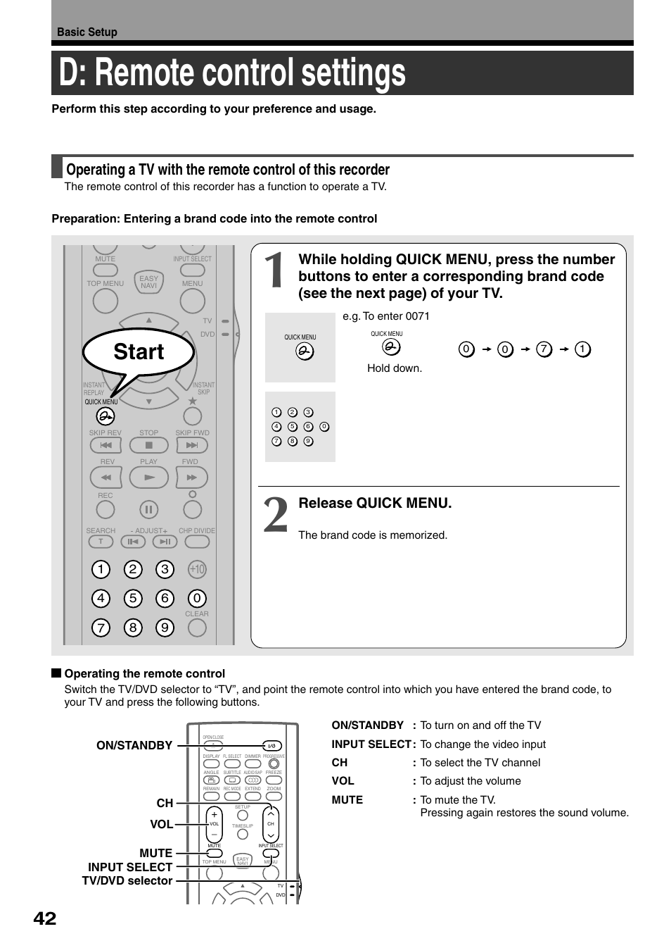 D: remote control settings, Start, Release quick menu | Toshiba D-R4SC User Manual | Page 42 / 52