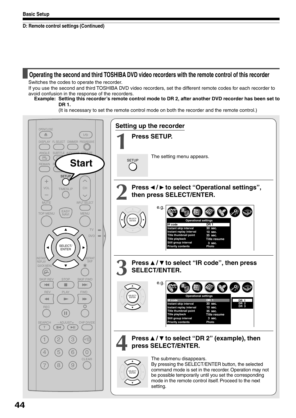 Start, Setting up the recorder, Press setup | Toshiba D-R4SC User Manual | Page 44 / 52