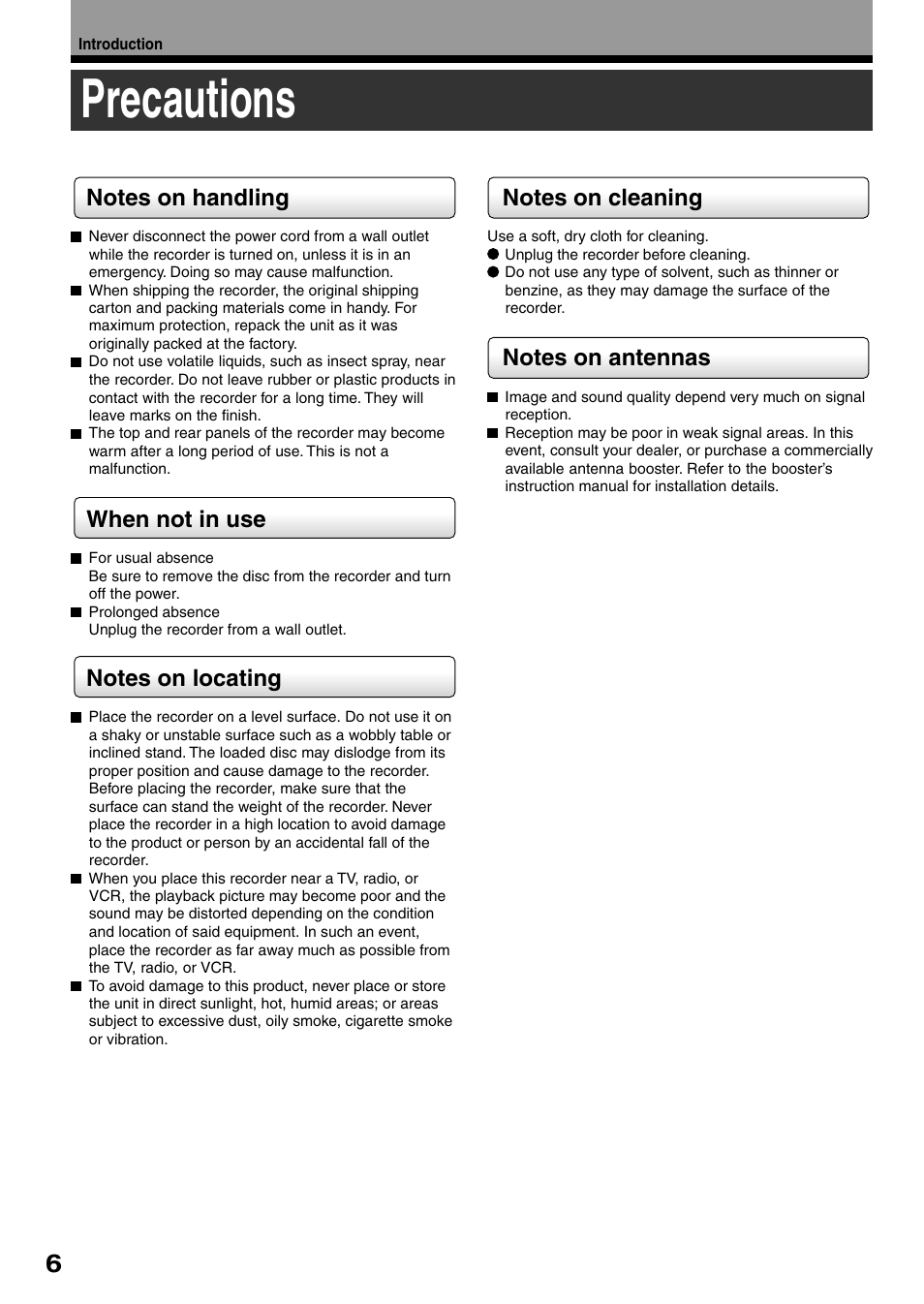 Precautions | Toshiba D-R4SC User Manual | Page 6 / 52