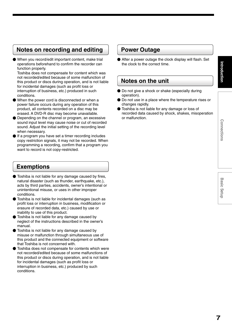 Exemptions, Power outage | Toshiba D-R4SC User Manual | Page 7 / 52