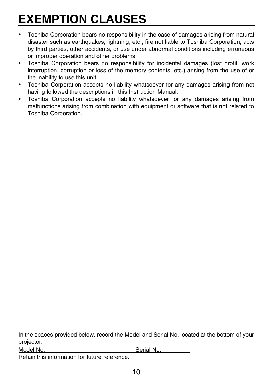Exemption clauses | Toshiba TDP-P9 User Manual | Page 10 / 52