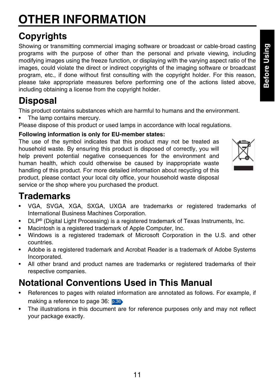 Other information, Copyrights, Disposal | Trademarks, Notational conventions used in this manual | Toshiba TDP-P9 User Manual | Page 11 / 52