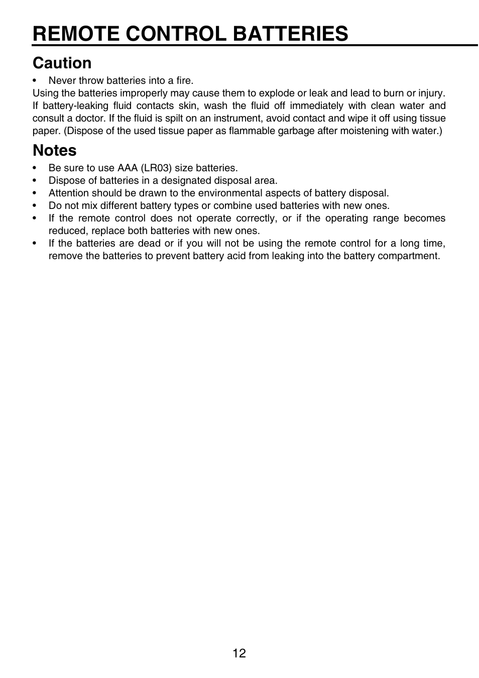Remote control batteries, Caution | Toshiba TDP-P9 User Manual | Page 12 / 52