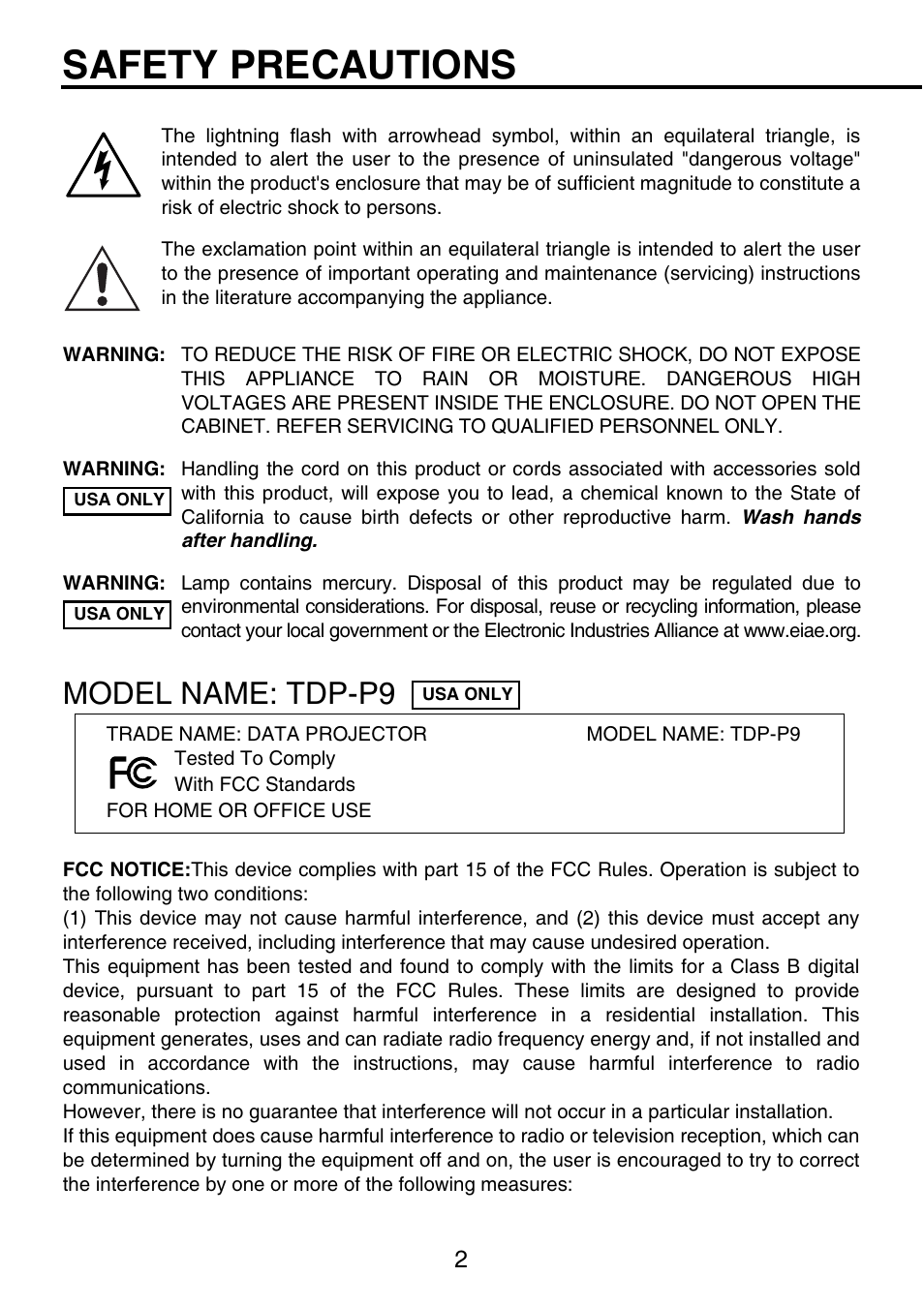 Safety precautions, Model name: tdp-p9 | Toshiba TDP-P9 User Manual | Page 2 / 52