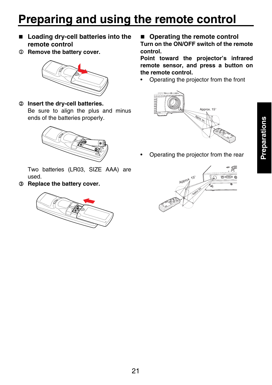 Preparing and using the remote control, 21 preparations | Toshiba TDP-P9 User Manual | Page 21 / 52