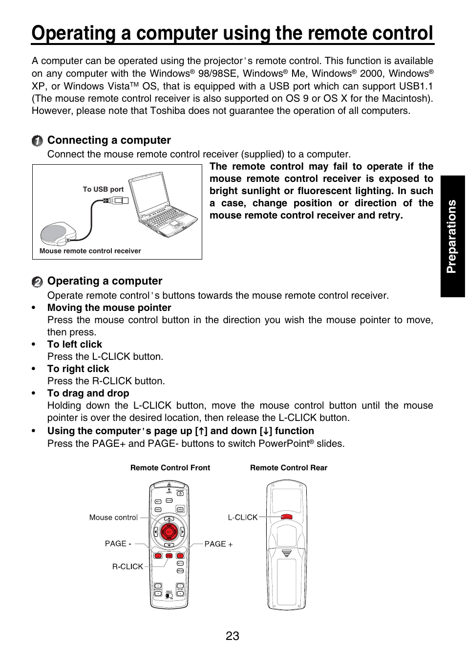 Operating a computer using the remote control, 23 preparations | Toshiba TDP-P9 User Manual | Page 23 / 52
