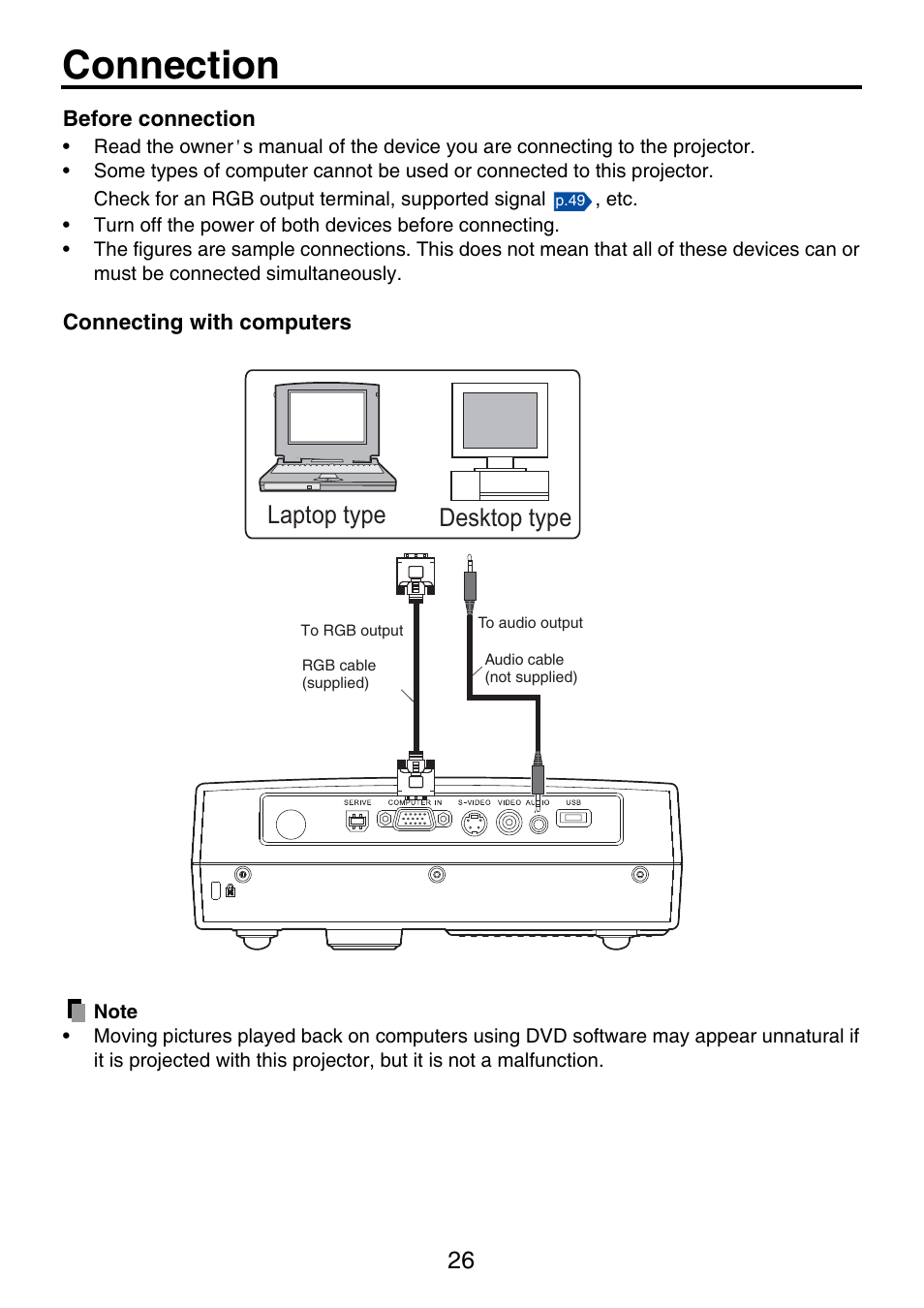 Connection, Desktop type laptop type | Toshiba TDP-P9 User Manual | Page 26 / 52