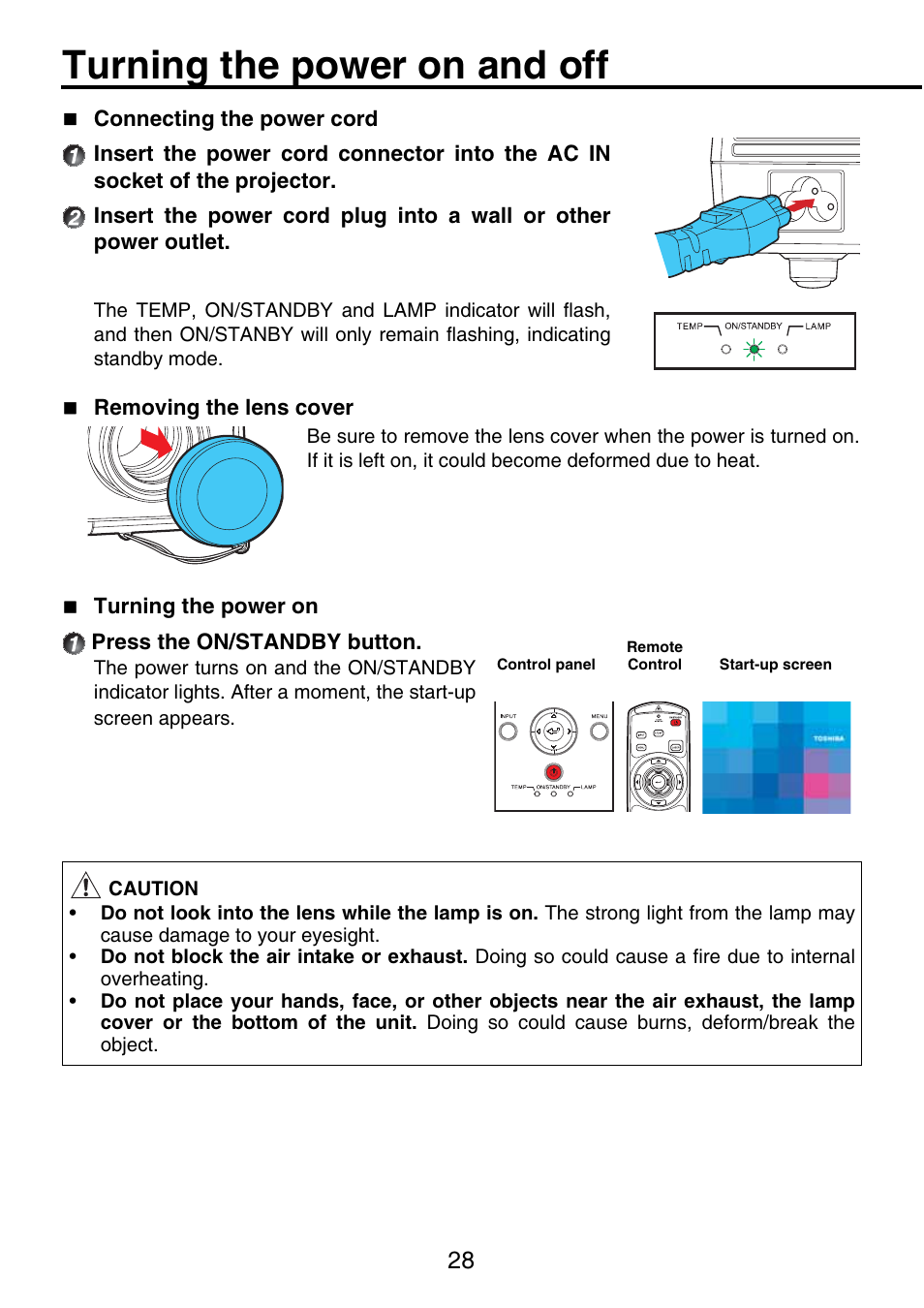 Turning the power on and off | Toshiba TDP-P9 User Manual | Page 28 / 52