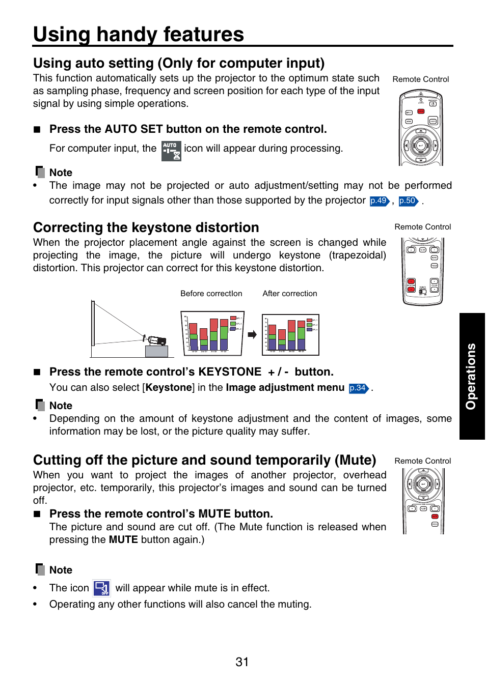 Using handy features, Using auto setting (only for computer input), Correcting the keystone distortion | 31 operations | Toshiba TDP-P9 User Manual | Page 31 / 52