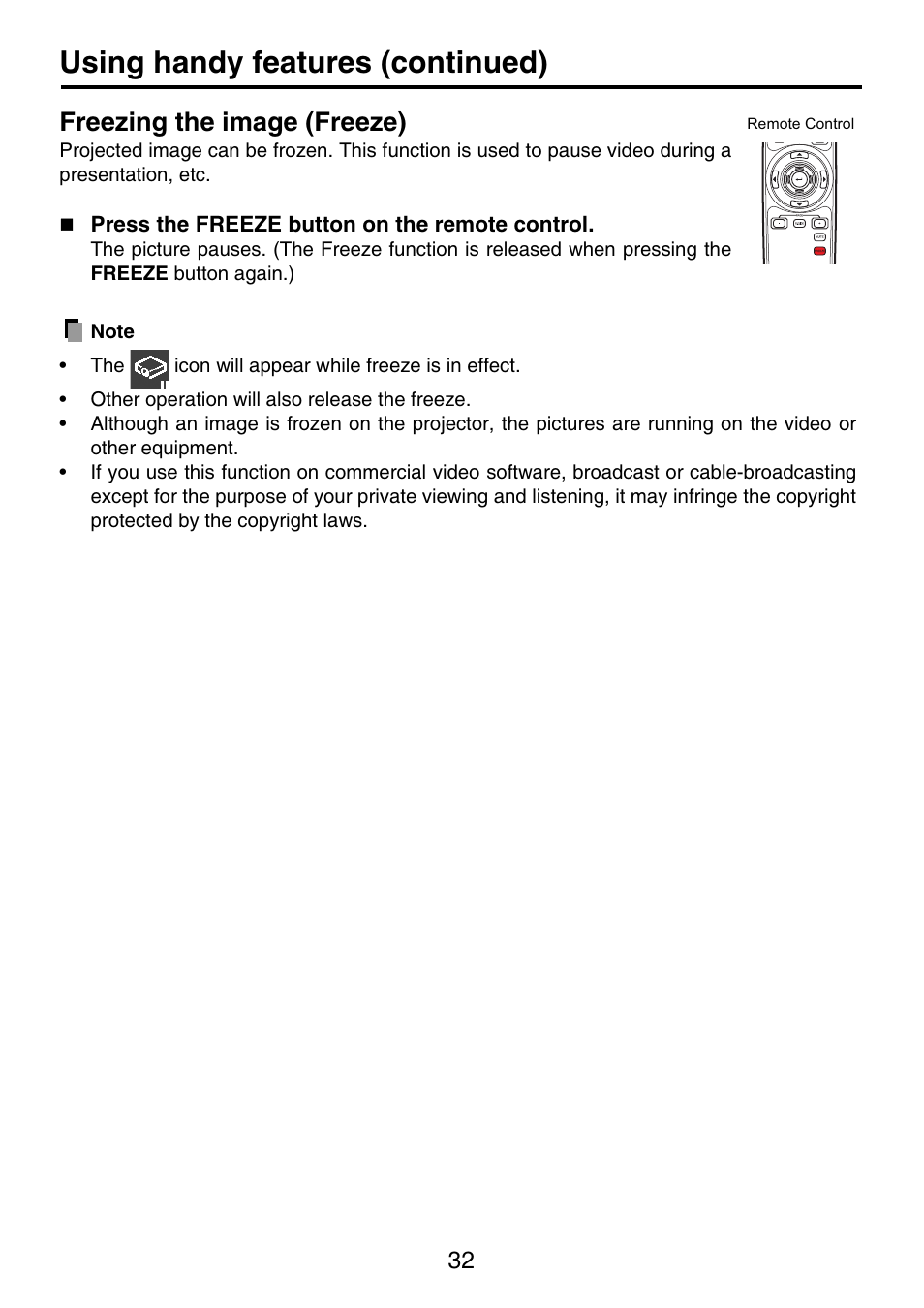 Using handy features (continued), Freezing the image (freeze) | Toshiba TDP-P9 User Manual | Page 32 / 52