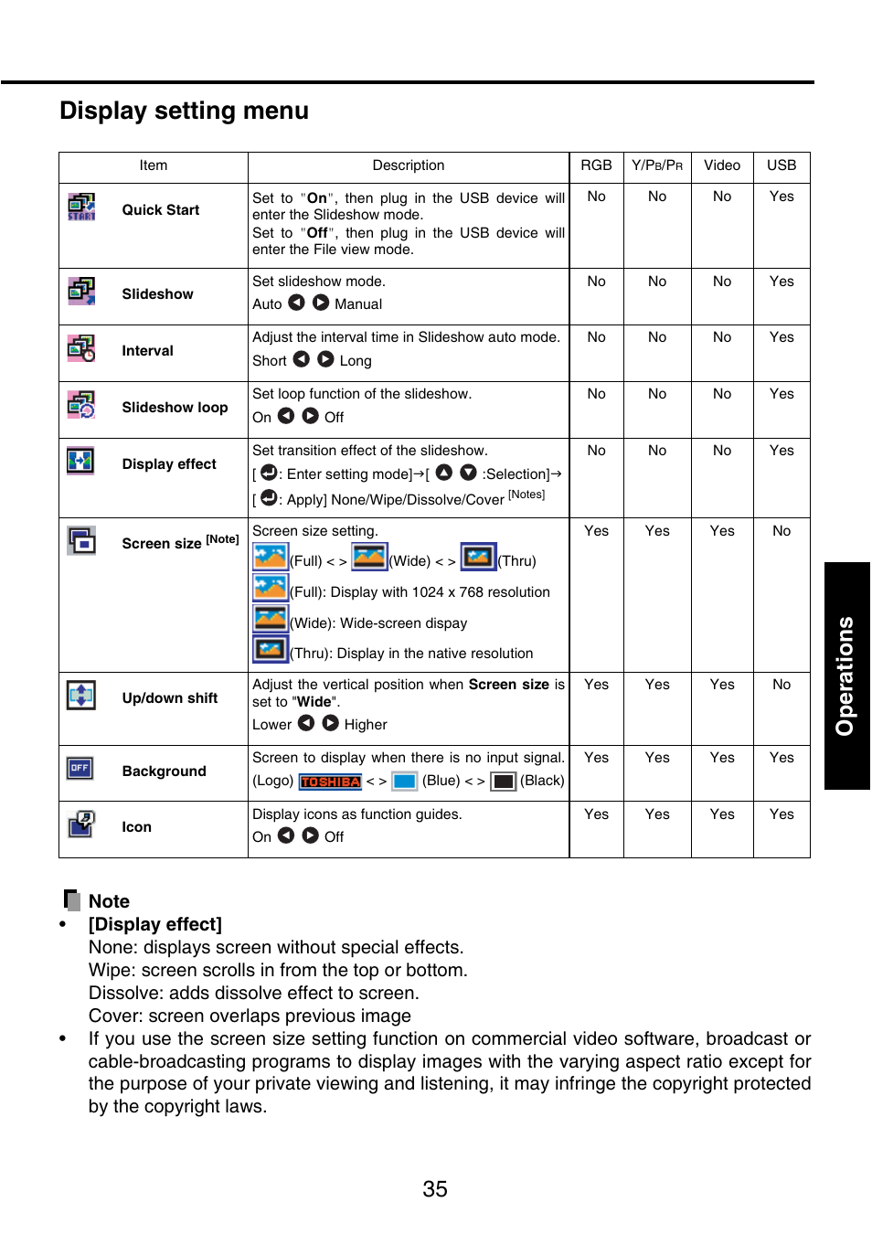 Display setting menu, 35 operations | Toshiba TDP-P9 User Manual | Page 35 / 52