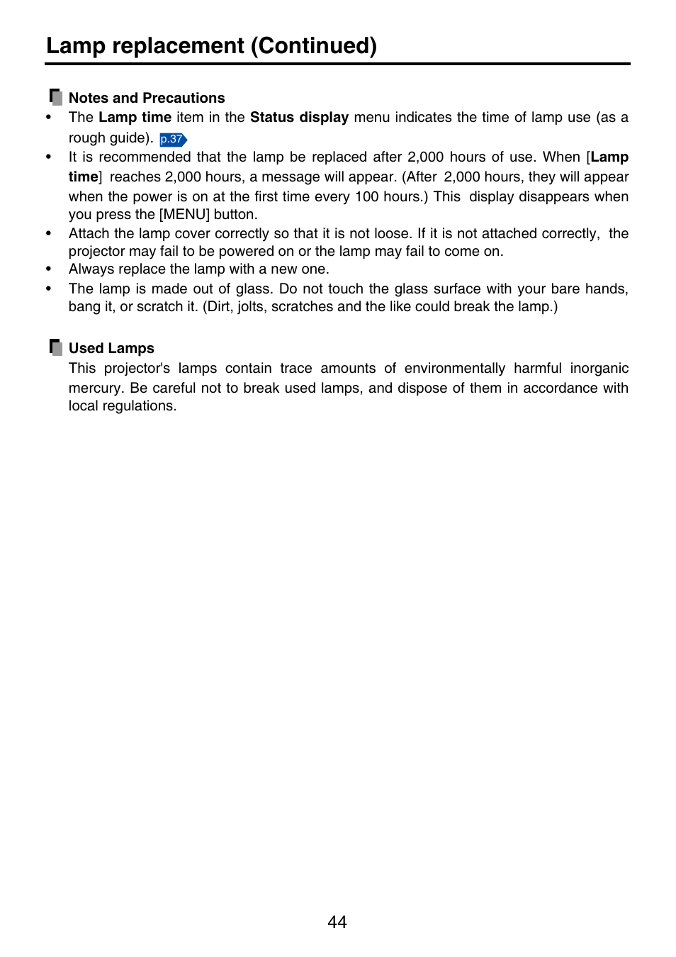 Lamp replacement (continued) | Toshiba TDP-P9 User Manual | Page 44 / 52