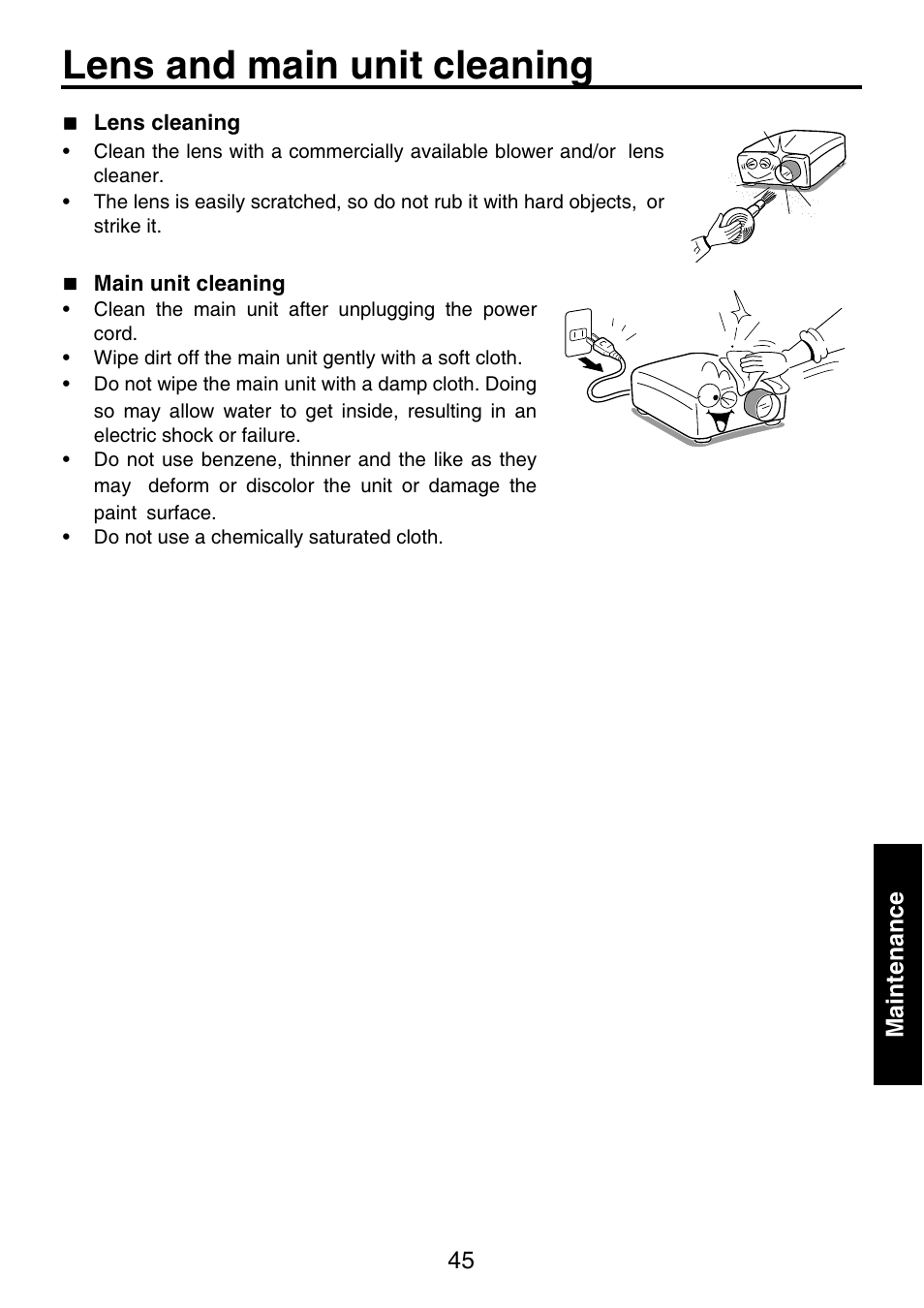 Lens and main unit cleaning | Toshiba TDP-P9 User Manual | Page 45 / 52