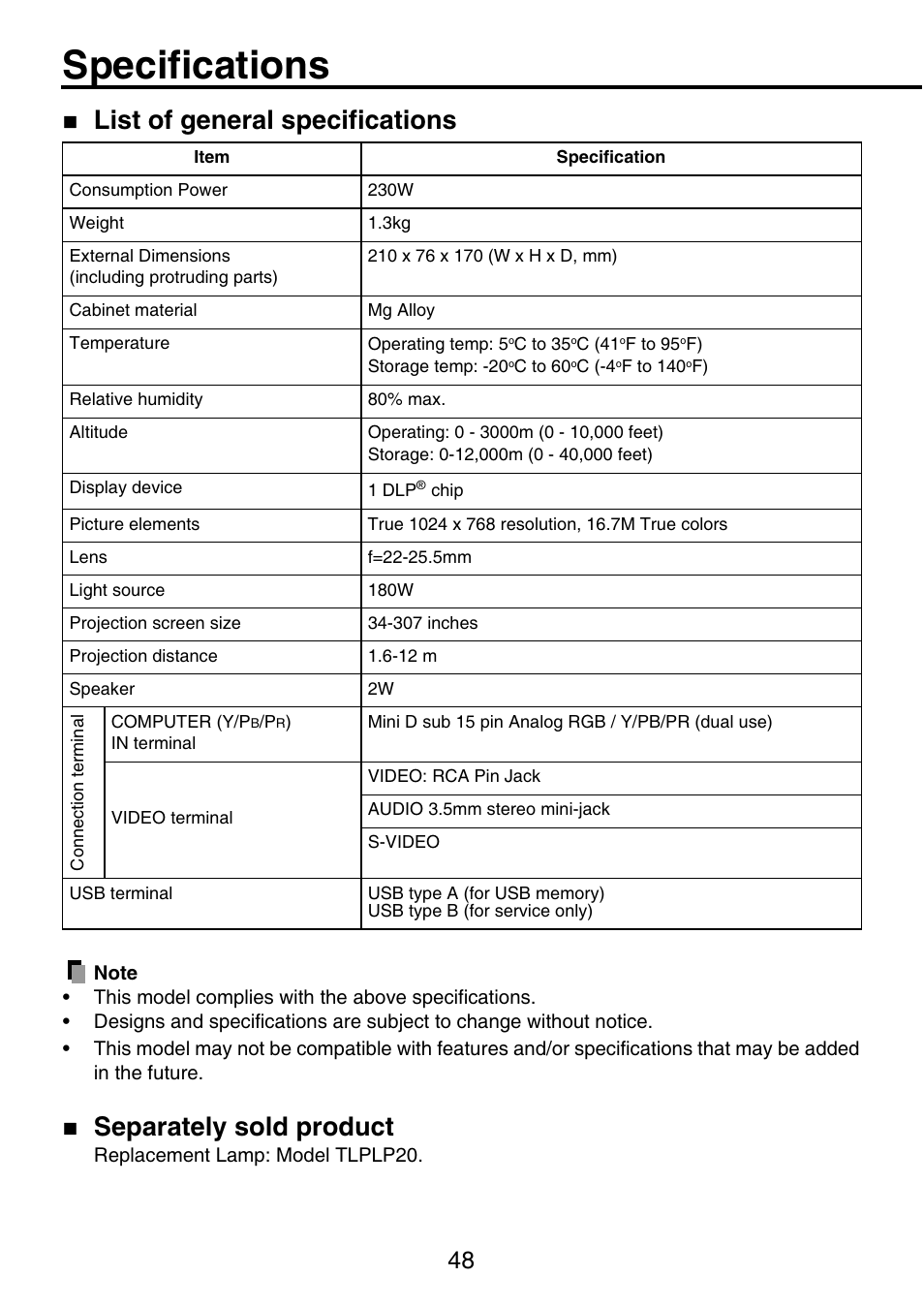 Specifications, List of general specifications, Separately sold product | Toshiba TDP-P9 User Manual | Page 48 / 52