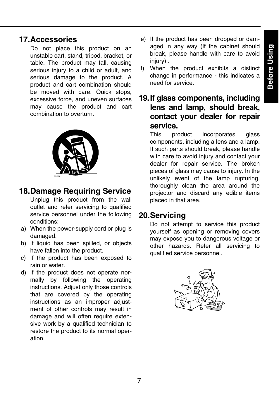 Accessories, Servicing, Damage requiring service | Toshiba TDP-P9 User Manual | Page 7 / 52