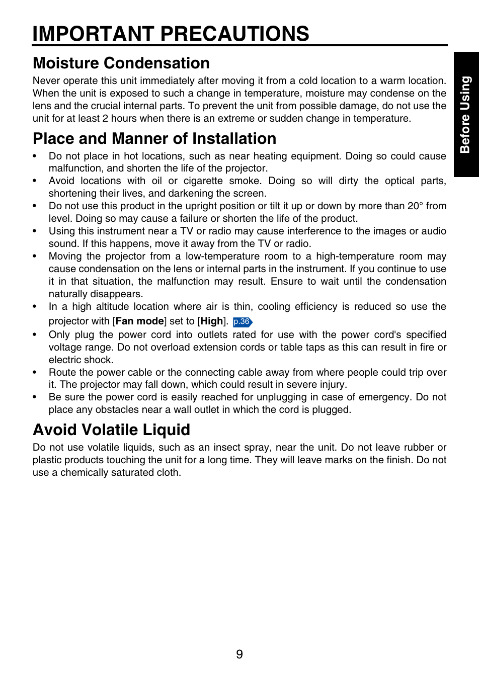 Important precautions, Moisture condensation, Place and manner of installation | Avoid volatile liquid | Toshiba TDP-P9 User Manual | Page 9 / 52