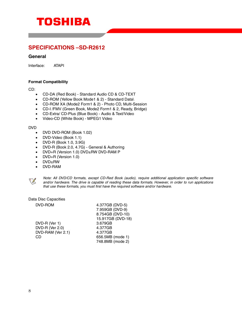 Specifications –sd-r2612 | Toshiba SD-R2612 User Manual | Page 10 / 13