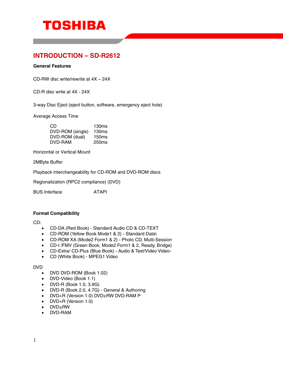 Introduction – sd-r2612 | Toshiba SD-R2612 User Manual | Page 3 / 13