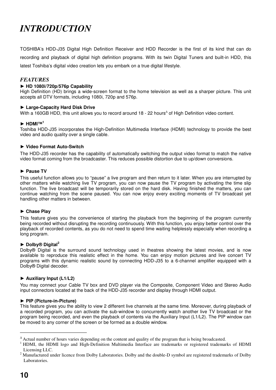 Introduction, Features | Toshiba HDD-J35 User Manual | Page 10 / 88