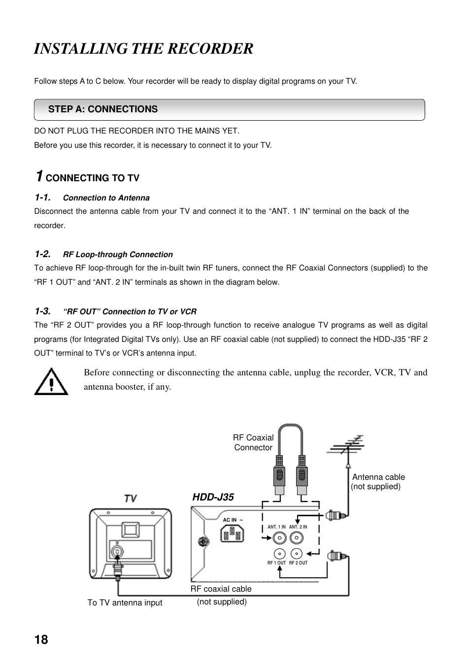 Installing the recorder | Toshiba HDD-J35 User Manual | Page 18 / 88