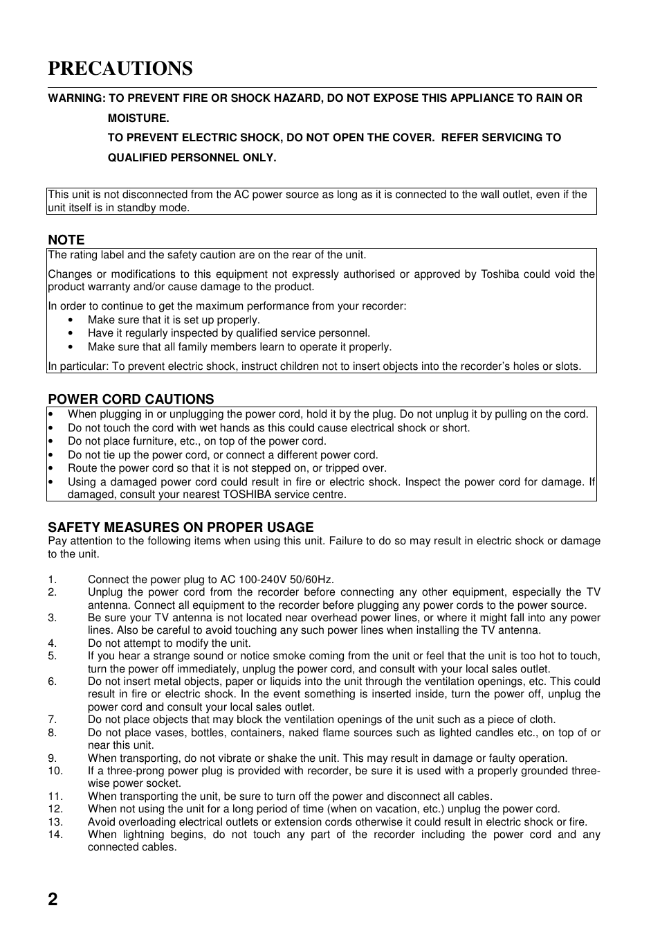 Precautions | Toshiba HDD-J35 User Manual | Page 2 / 88