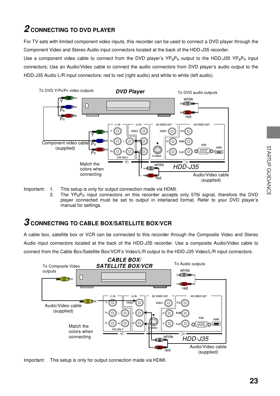 Hdd-j35, Connecting to dvd player, Connecting to cable box/satellite box/vcr | Dvd player, Cable box/ satellite box/vcr, Startup guid a n ce | Toshiba HDD-J35 User Manual | Page 23 / 88