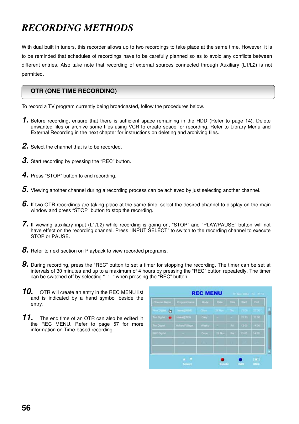Recording methods | Toshiba HDD-J35 User Manual | Page 56 / 88