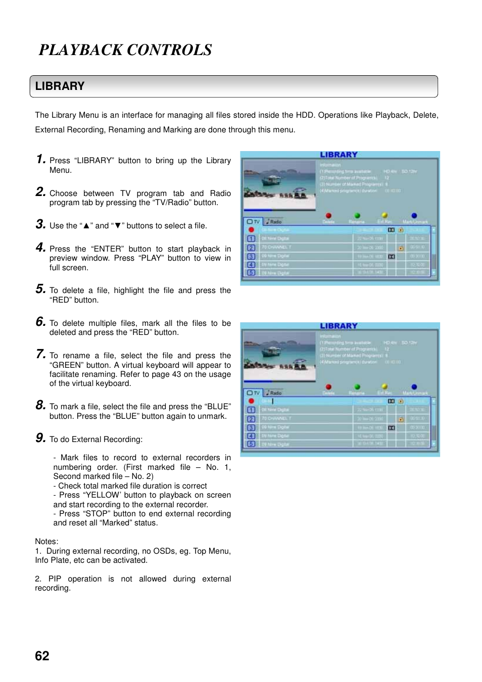 Playback controls, Library | Toshiba HDD-J35 User Manual | Page 62 / 88